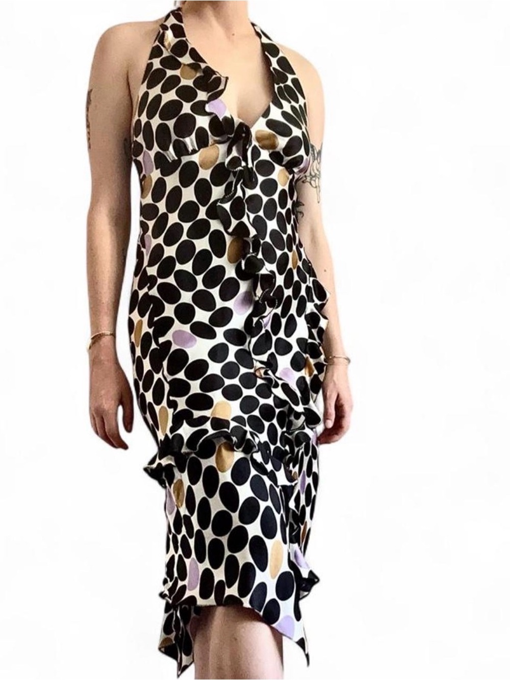 Poleci 100% Silk Polka Dot Ruffle Halter Dress Size 4 y2k party 2000s dress EUC